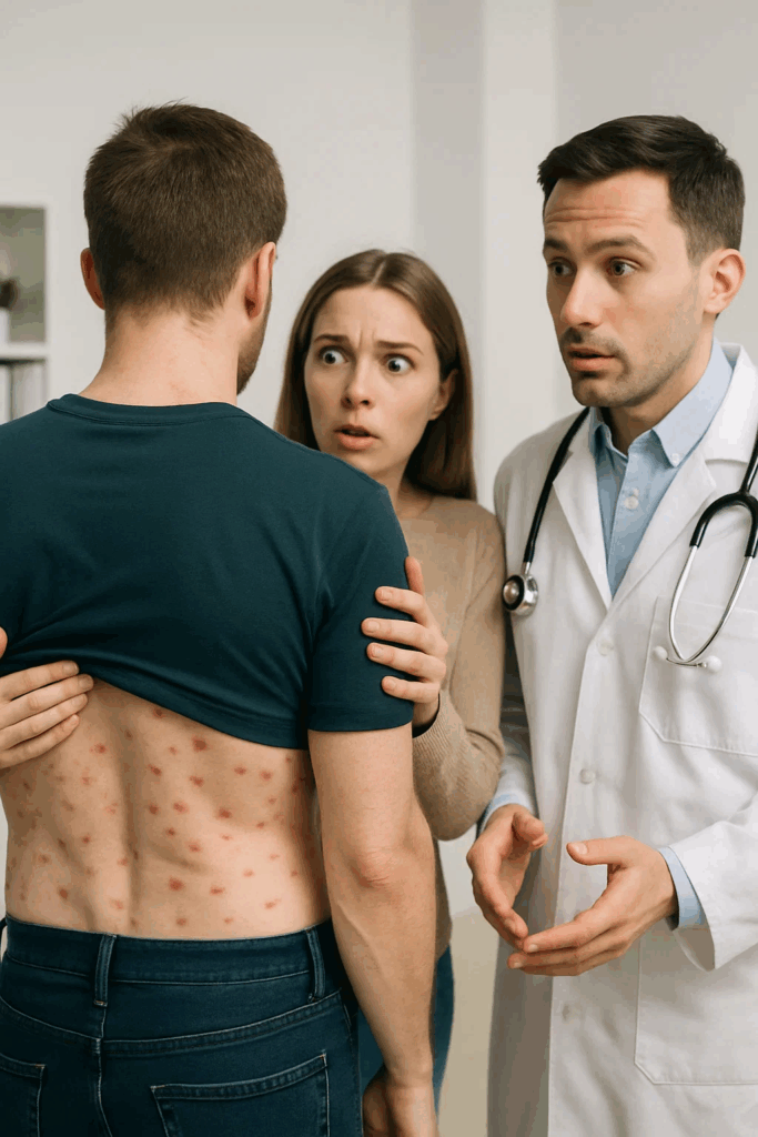 Discovering 30 red spots like insect eggs on my husband’s back, I rushed him to the emergency room. The doctor immediately looked at him and said urgently: “Call the police immediately.”