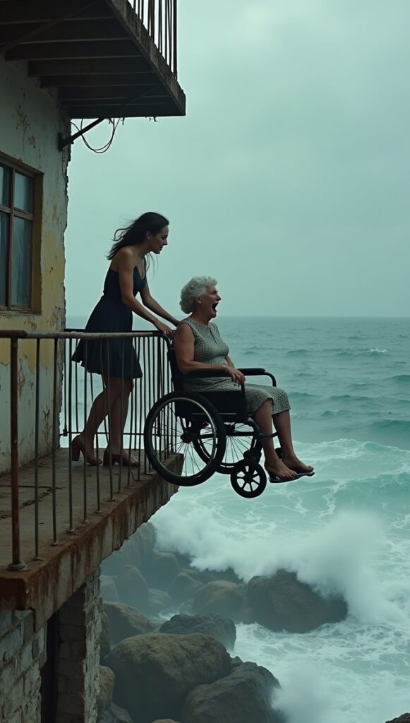 Eleanor barely had time to gasp before Vanessa’s gloved hands gripped the chair and pu:shed. The wheels spun on wet w00d. The sound was swallowed by thunder.